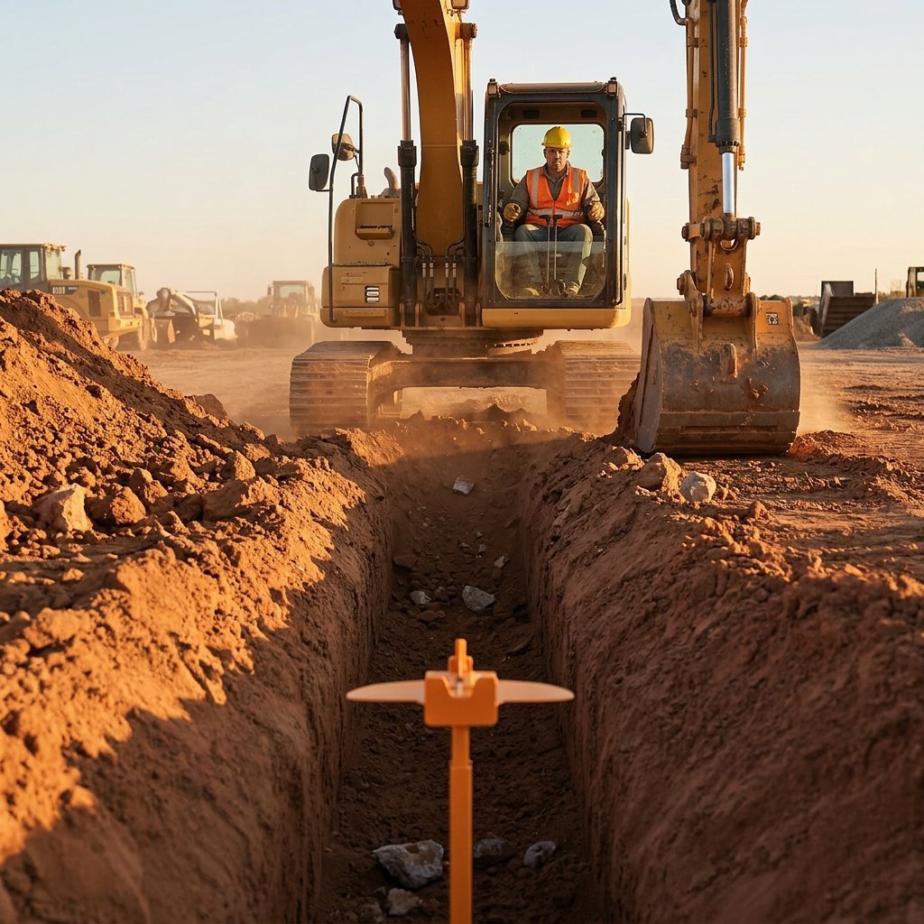 Trench Pointer planted in a trench with excavator operator in the cab
